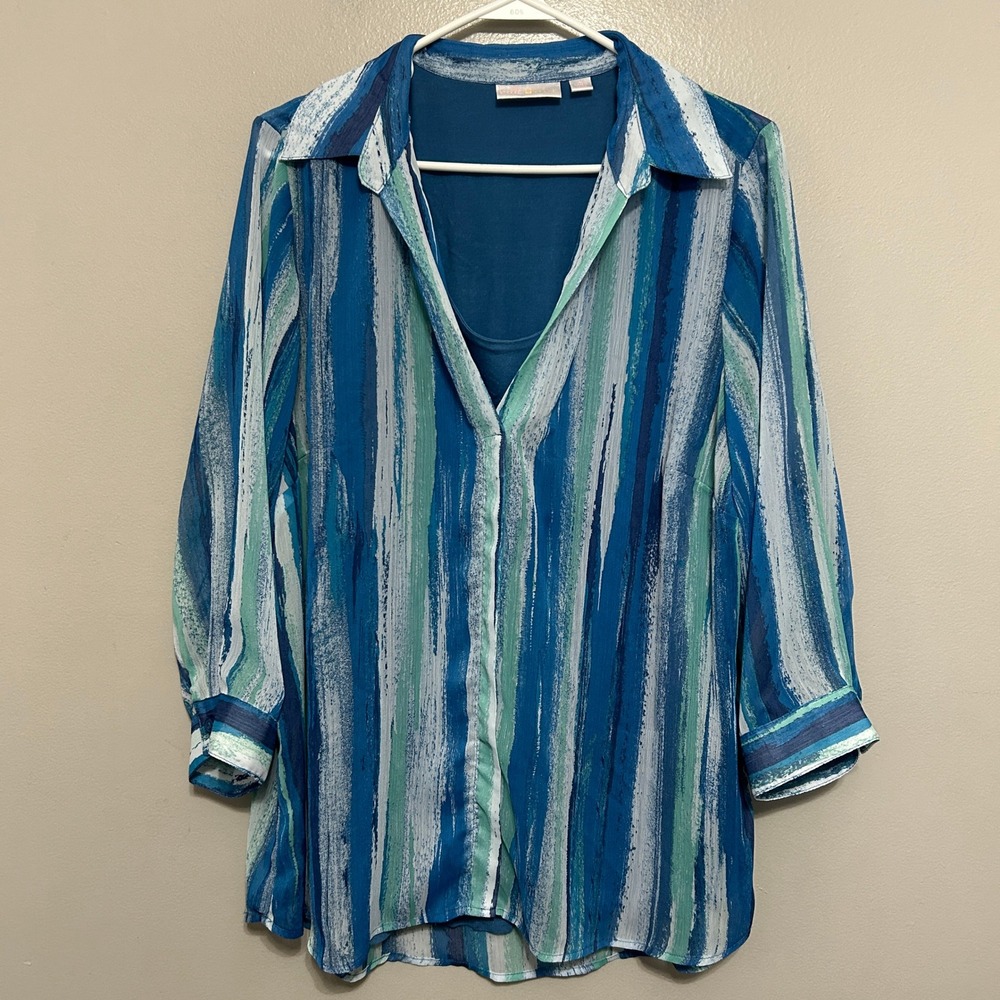 Belle by Kim Gravel Blouse L Blue Striped 3/4 Sleeve Layered Top Professional